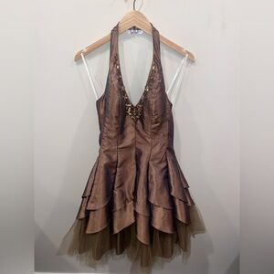 Y2K Masquerade Brown Embellished Layered Halter Neck Dress Size 3/4